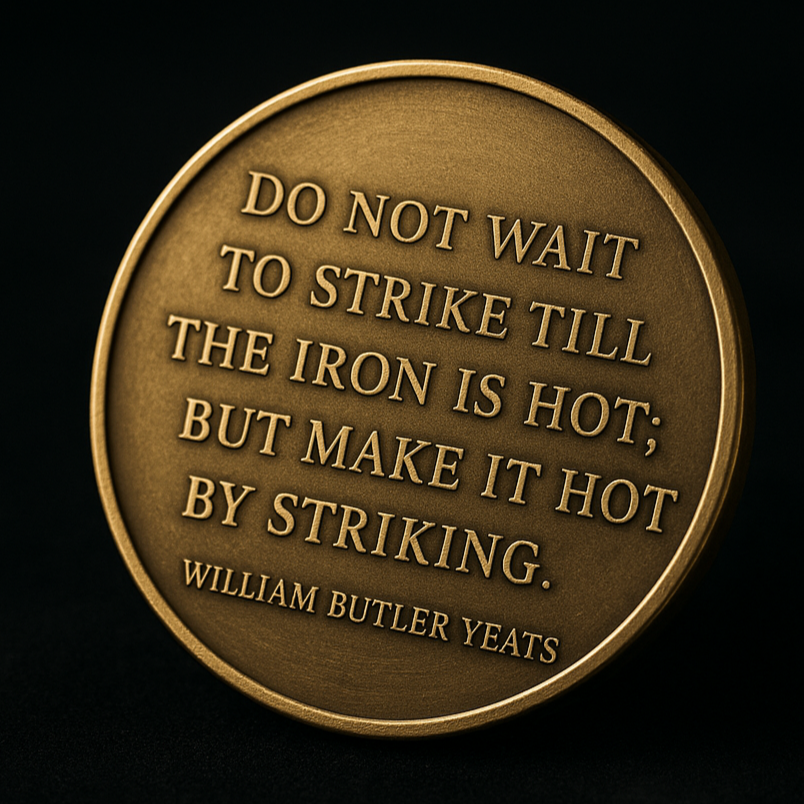 Brass coin with engraved quote on a black background